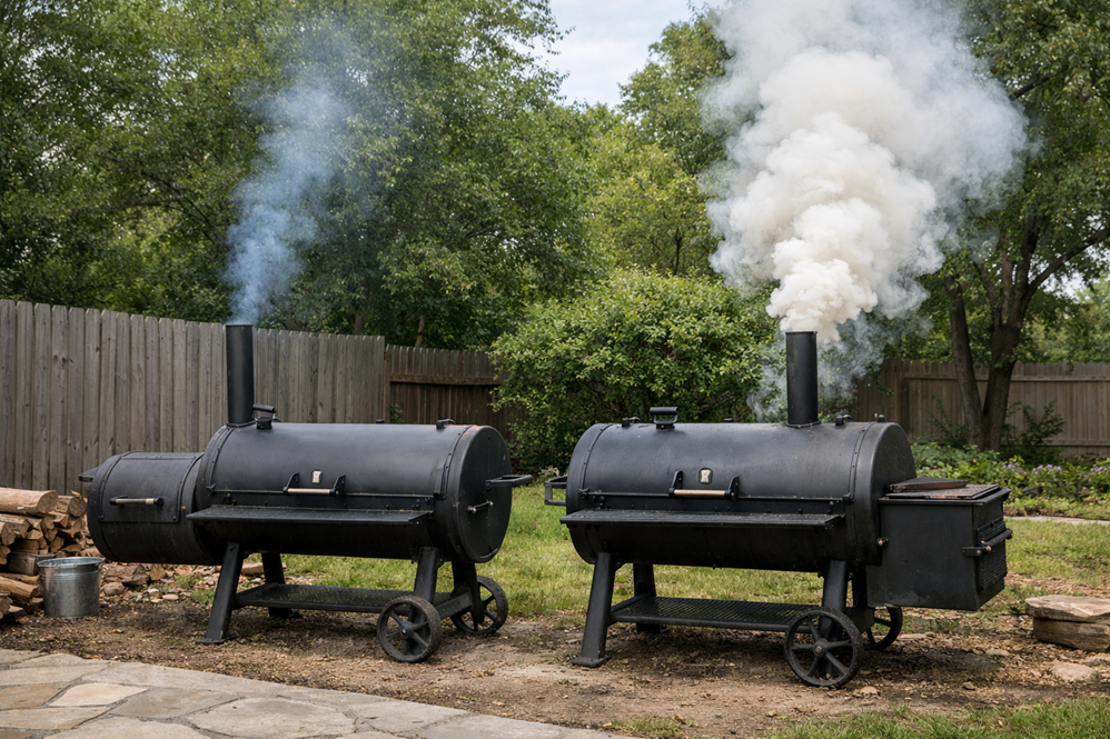 comparison of thin blue smoke and thick white smoke coming from smoker chimneys