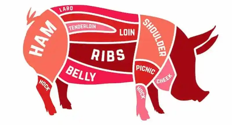Pig diagram with pork loin and tenderloin cuts labeled