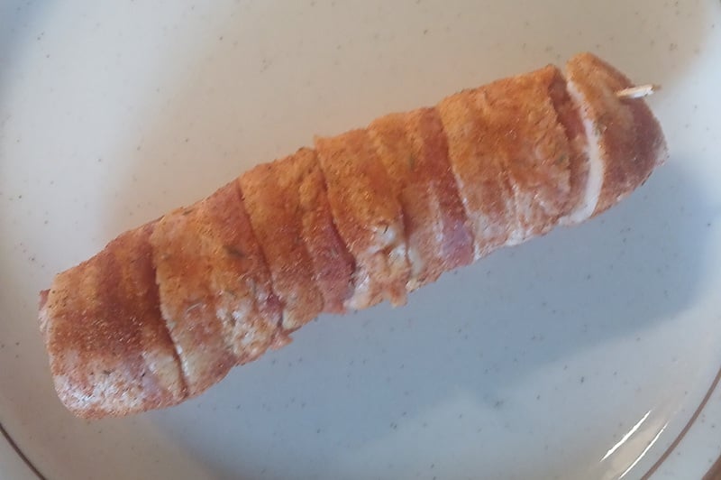 bratwurst filled with cheese and wrapped in bacon.