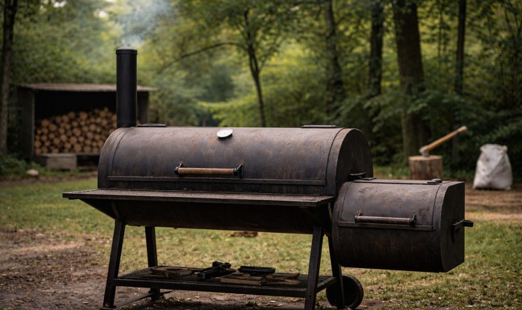 offset smoker with light blue smoke coming out of the chimney