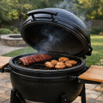 Kamado grill set up for indirect cooking
