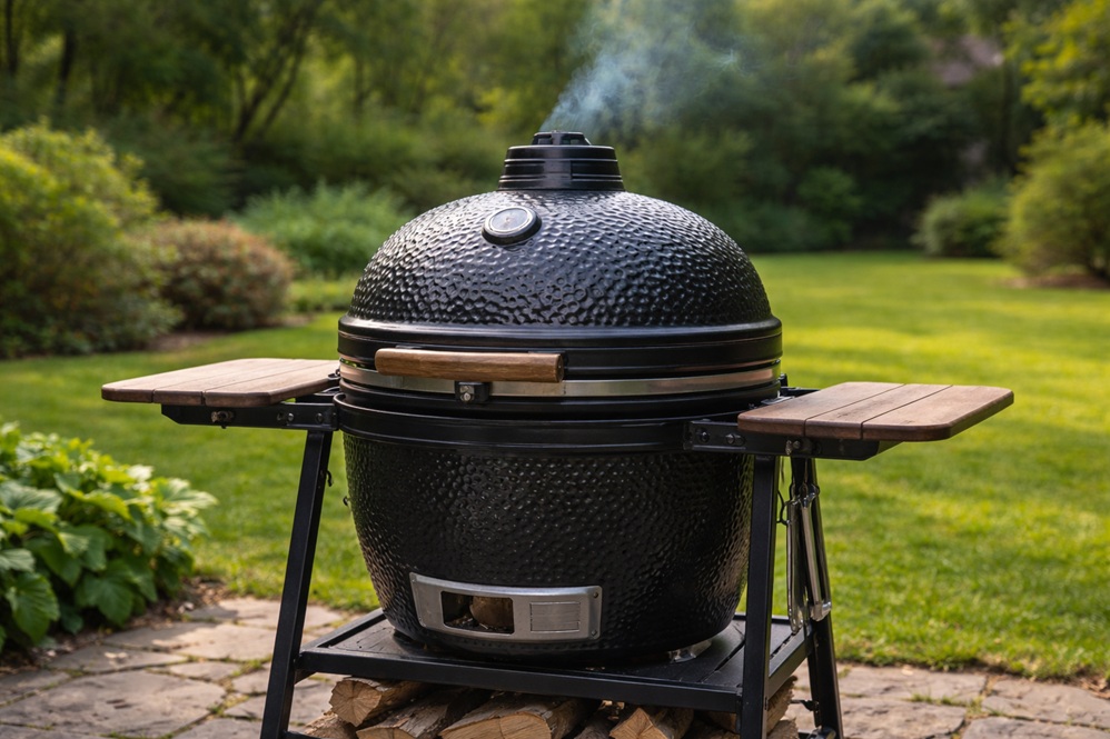 Kamado grill cooking steadily with clean smoke and proper airflow setup