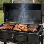 Backyard charcoal grill with light clean smoke drifting up, showing calm heat control for BBQ temperature ranges