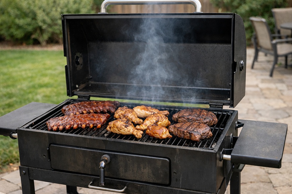 Backyard charcoal grill with light clean smoke drifting up, showing calm heat control for BBQ temperature ranges