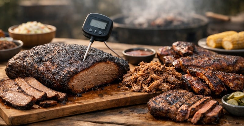 BBQ meat thermometer checking internal temperature of brisket with other barbecue meats nearby.