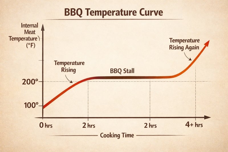 Diagram showing the BBQ stall where meat temperature plateaus during smoking.