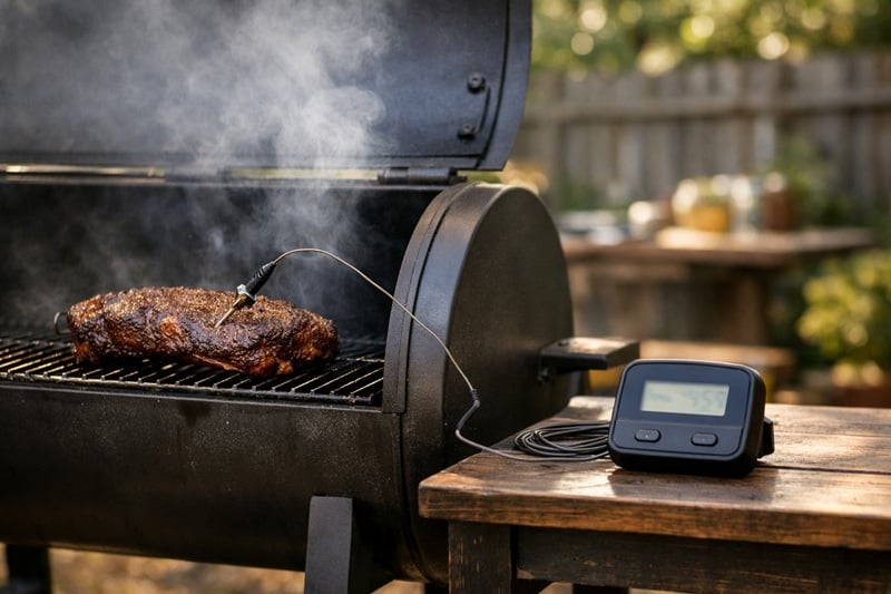 BBQ smoker with thermometer probe monitoring grill temperature during a barbecue cook.
