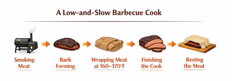 Diagram showing when to wrap meat during a BBQ cook at 160–170°F after bark forms.