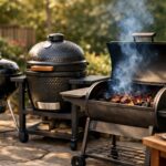 Different types of charcoal grills including kettle, kamado, and barrel grill
