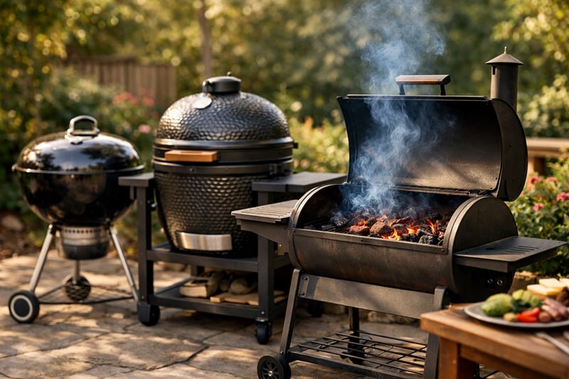 charcoal grill reviews including kettle, kamado, and barrel grill in a backyard setting