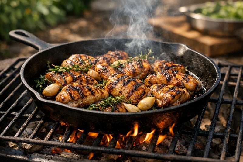 Grilled chicken cooking in a cast iron skillet on a backyard grill with flames and light smoke