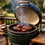 Ceramic kamado grill cooking over charcoal with thin blue smoke in a backyard setting