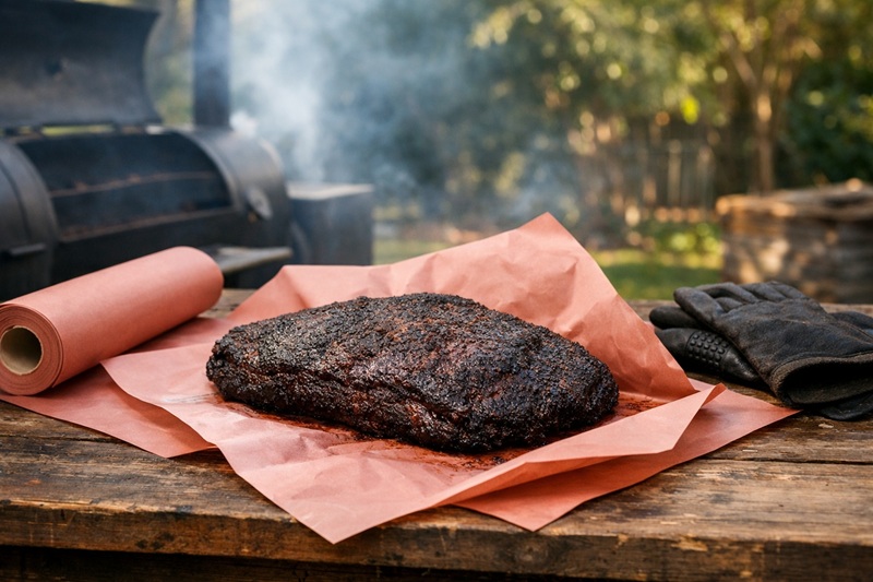 Grilling Dutchman wrapping smoked meat in butcher paper during a barbecue cook.