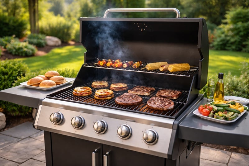 gas grill with food cooking on it