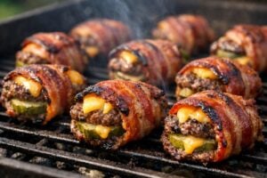 Bacon-wrapped cheeseburger pickle bites cooking on a grill with melted cheese, crispy bacon, and light smoke rising