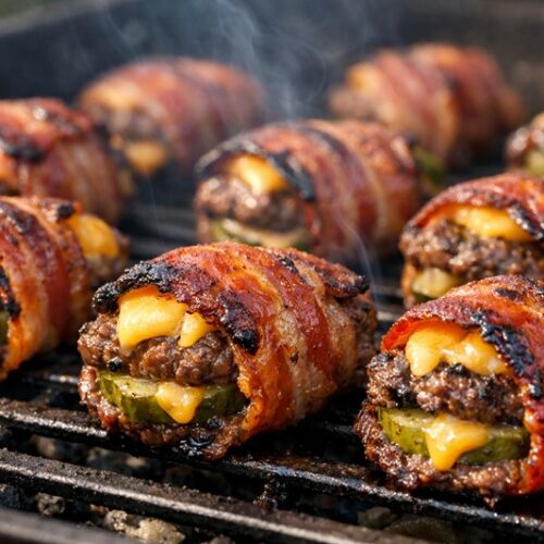Bacon-wrapped cheeseburger pickle bites cooking on a grill with melted cheese, crispy bacon, and light smoke rising