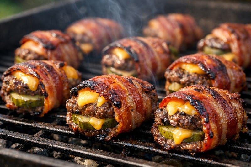 Bacon-wrapped cheeseburger pickle bites cooking on a grill with melted cheese, crispy bacon, and light smoke rising