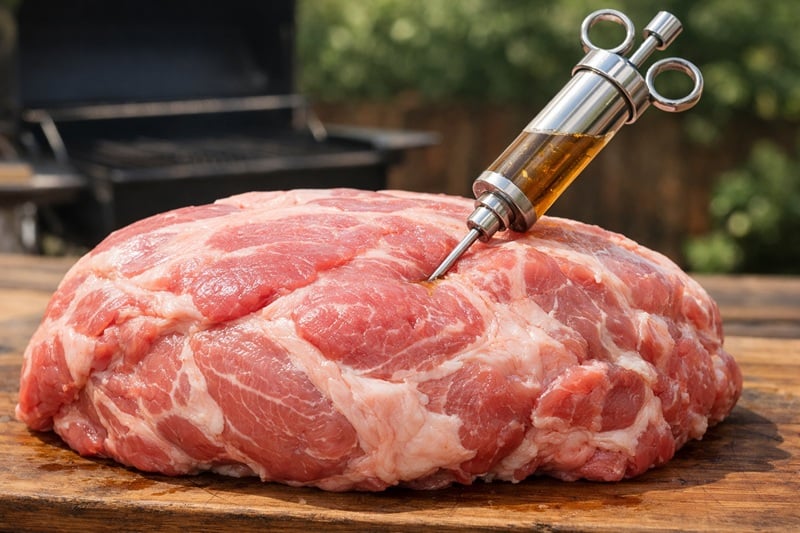 Close-up of a meat injector injecting marinade into a pork shoulder on a wooden cutting board outdoors