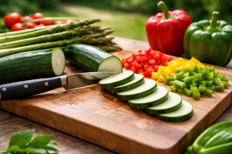 slicing zucchini bell peppers and asparagus on a cutting board for grilling