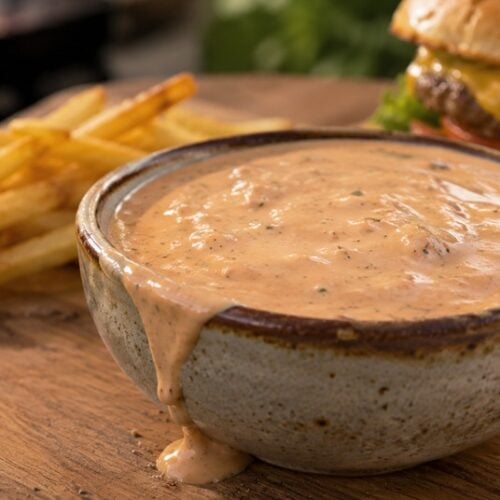 Creamy, tangy, and slightly sweet, this homemade In-N-Out style burger sauce is perfect for burgers, fries, sandwiches, and wraps.