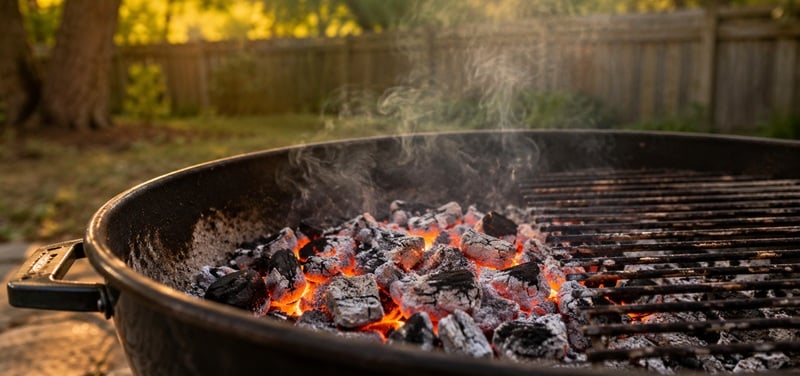 Close-up of glowing charcoal coals heating up inside a backyard charcoal grill