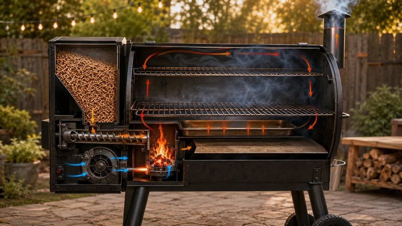 Cutaway illustration showing how a pellet smoker works with hopper, auger, fire pot, fan, and smoke circulation inside the cooking chamber.
