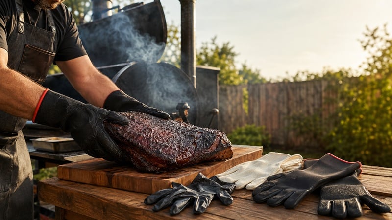 Pitmaster handling a hot smoked brisket with heat-resistant BBQ gloves beside a backyard smoker