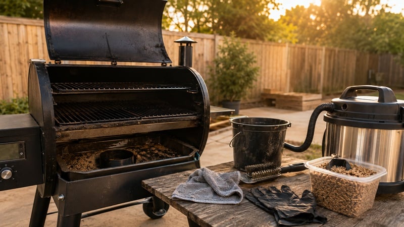 Pellet grill maintenance with cleaning tools and open smoker after a barbecue cook