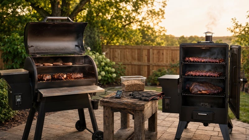 Modern pellet grill and vertical pellet smoker side by side showing grilling and smoking differences