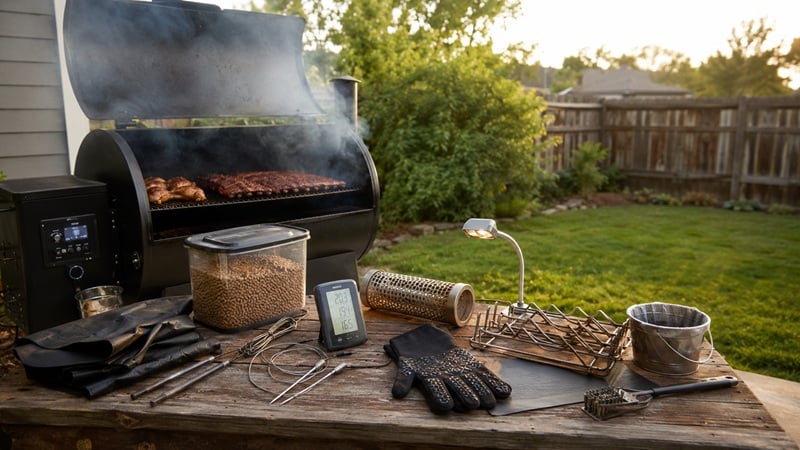 Pellet grill with popular accessories including thermometer, smoke tube, pellet storage container, gloves, and grill cover