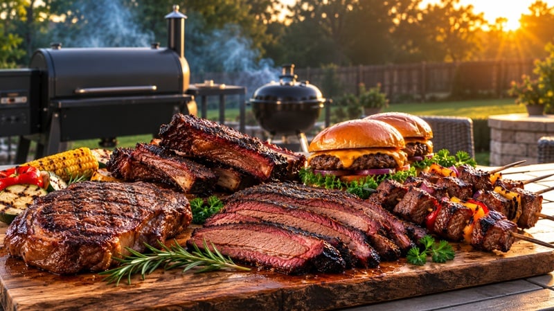 Assorted grilled and smoked beef recipes including brisket, steak, burgers, beef ribs, and beef skewers on a wooden serving board.