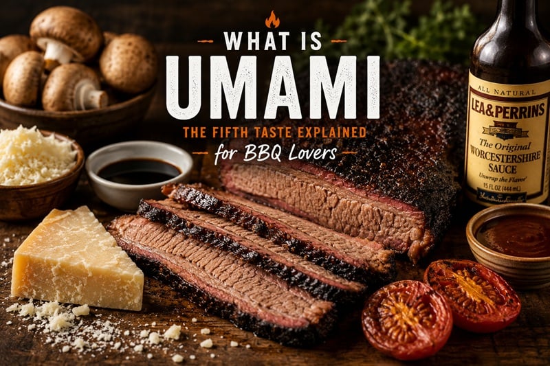 Smoked brisket with mushrooms, Parmesan cheese, Worcestershire sauce, soy sauce, and tomatoes showing common umami-rich foods used in BBQ cooking
