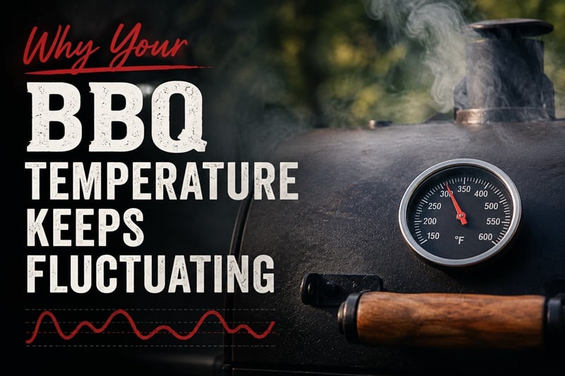 Close-up of a backyard BBQ smoker with a built-in temperature gauge showing fluctuating cooking temperatures and smoke rising from the chimney.