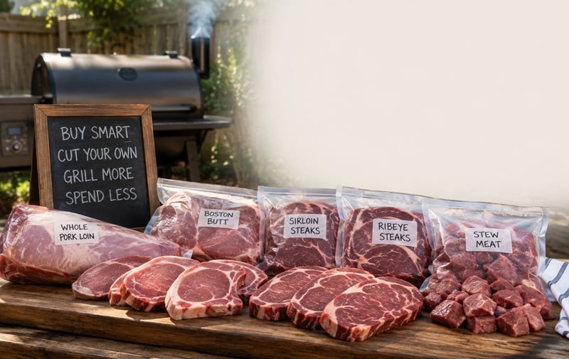 Buying larger cuts of meat and cutting them into steaks and chops to save money on grilling and smoking