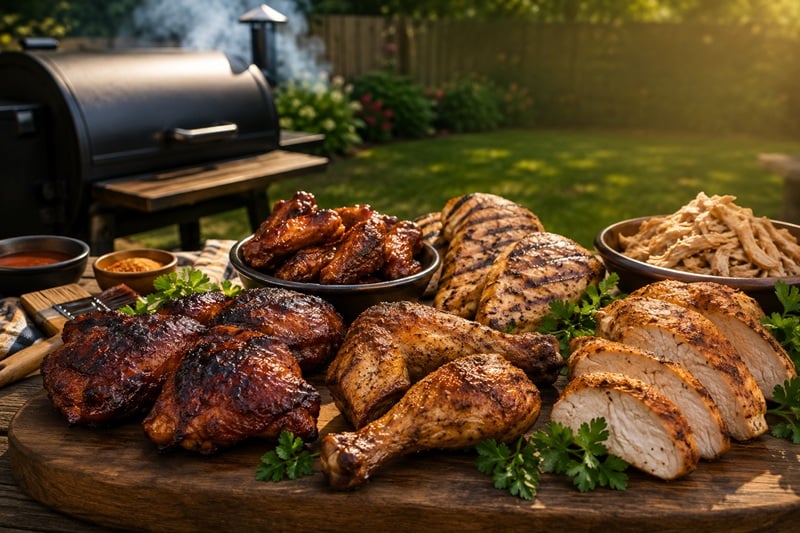 Grilled and smoked chicken recipes including wings, drumsticks, chicken breast, and pulled chicken on a backyard BBQ table