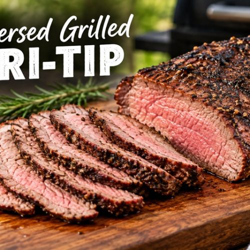 Reverse-seared grilled tri-tip roast sliced to show a juicy pink center and pepper-crusted bark
