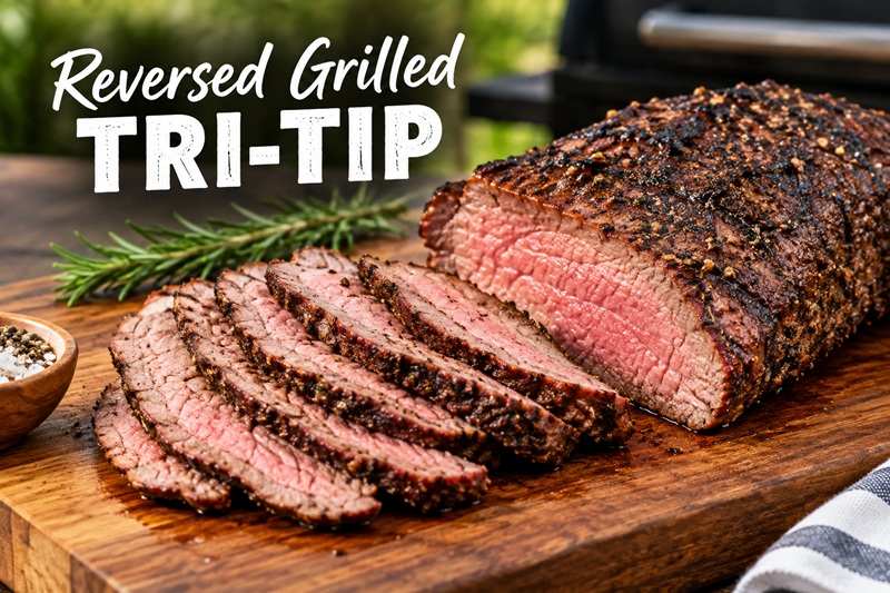 Reverse-seared grilled tri-tip roast sliced to show a juicy pink center and pepper-crusted bark